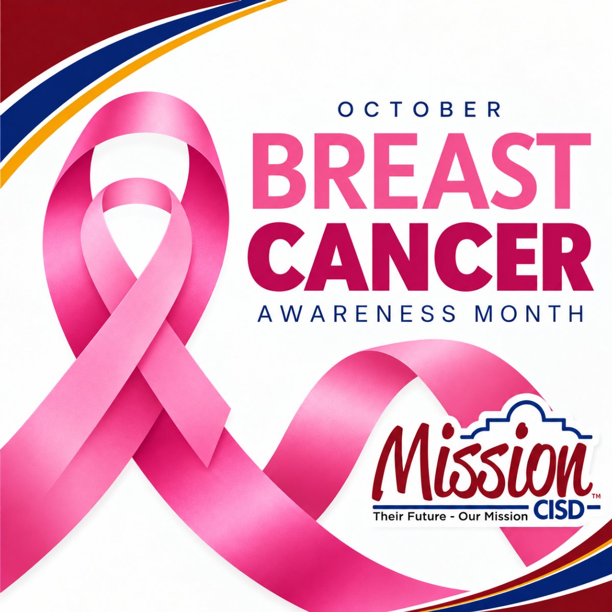 October Breast Cancer Awareness month graphic with a pink ribbon and the Mission CISD